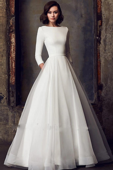 Satin Wedding Dresses With Pockets Three Quater Sleeves A-Line