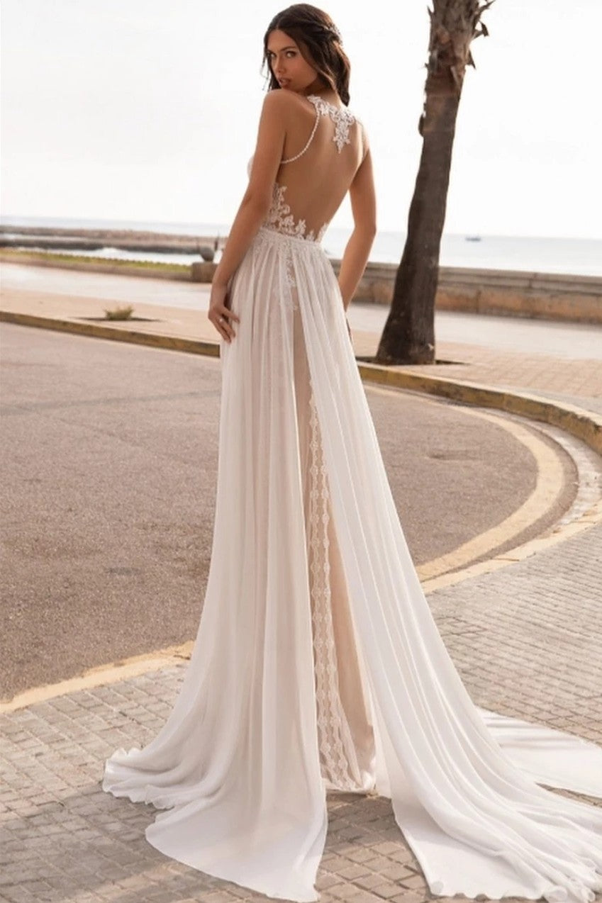 Charming Lace Bohemian Wedding Dress Sleeveless Sweep Train TANYA BRIDAL Charming Lace Bohemian Wedding Dress Sleeveless Sweep Train TANYA BRIDAL