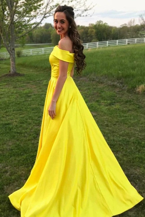 Off The Shoulder Simple Satin Long A Line Prom Dress
