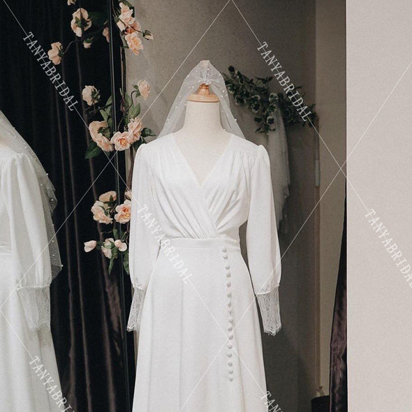 Long Sleeve Soft Satin Bridal Gowns Korea Wedding Dresses DW419