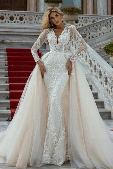 Long Sleeve Mermaid Wedding Dresses With Detachable Trains ZW876 TANYA BRIDAL Long Sleeve Mermaid Wedding Dresses With Detachable Trains ZW876 TANYA BRIDAL