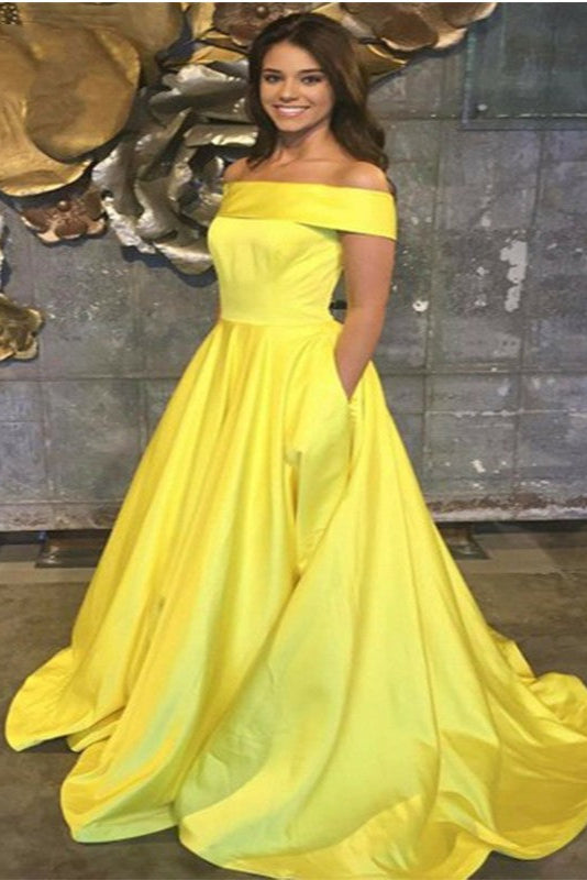yellow satin prom dress Off The Shoulder A Line Yellow Satin Prom Dress Floor Length – TANYA BRIDAL
