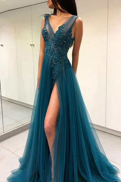 Teal Green V Neck Mesh Tulle Lace A Line Prom Dress Long