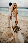 Bohemian Sheath Lace Side Split Wedding Dress With Ruffles