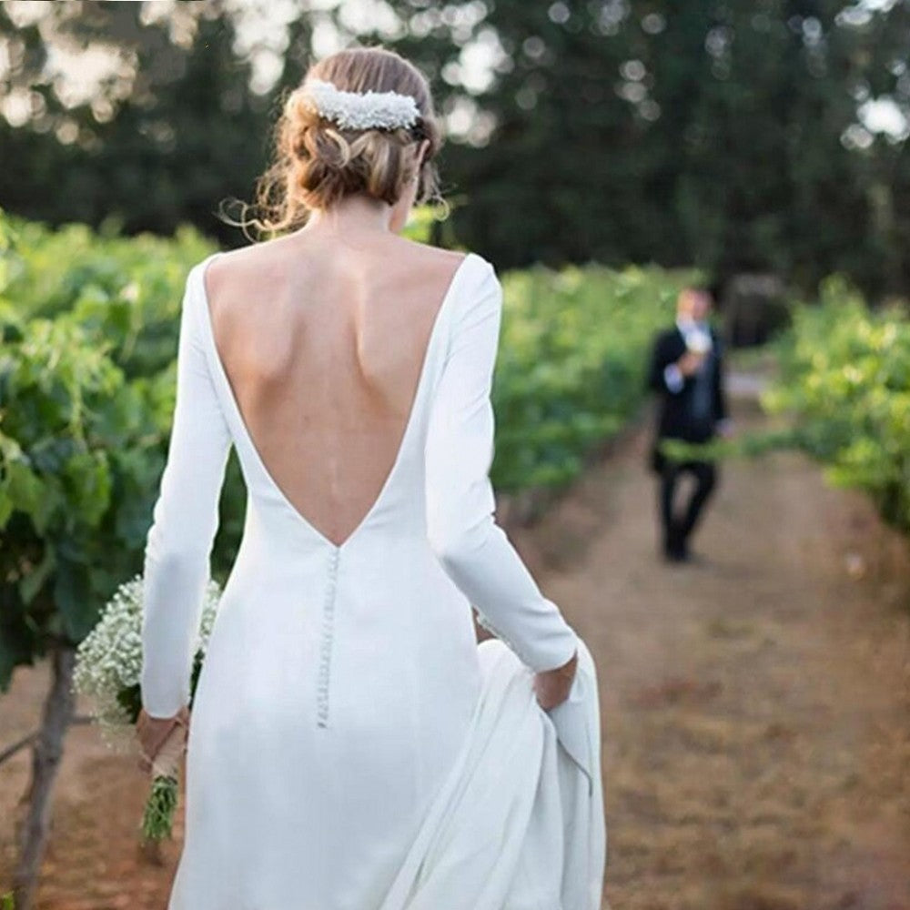 Sheath Wedding Dress Long Sleeve Boat Neckline Backless Buttons Beach TANYA BRIDAL Sheath Wedding Dress Long Sleeve Boat Neckline Backless Buttons Beach TANYA BRIDAL