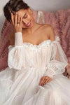 Dot Tulle A Line Wedding Dress Sweetheart Puff Sleeves