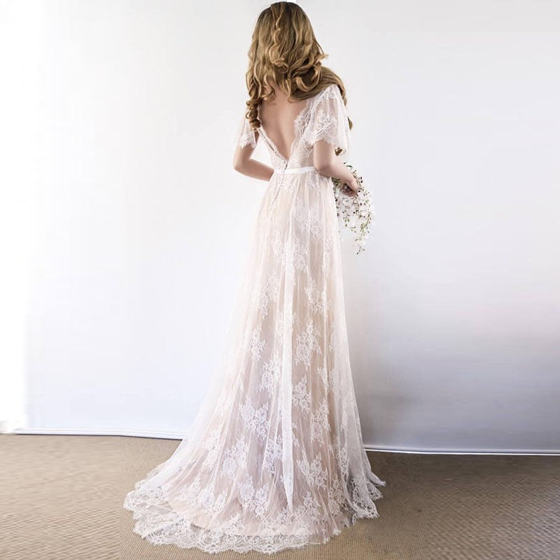 Boho Wedding Dress 2020 V Neck Cap Sleeve Lace Beach Wedding Gown TANYA BRIDAL Boho Wedding Dress 2020 V Neck Cap Sleeve Lace Beach Wedding Gown TANYA BRIDAL