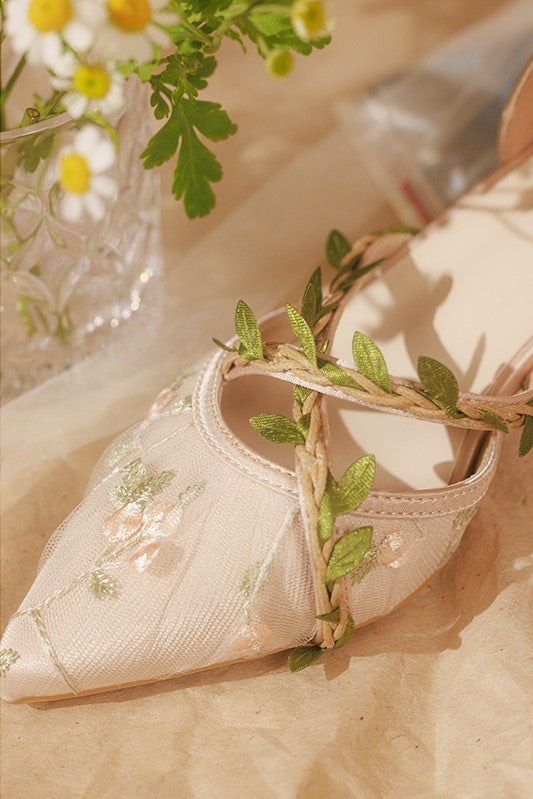 Floral Leaf Elegant Tulle Embroidery Wedding Bride Shoes