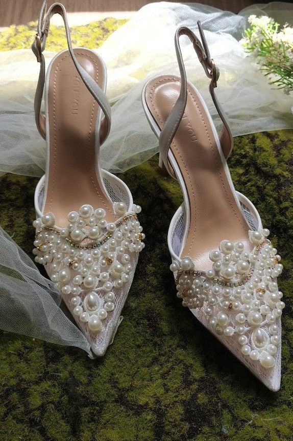 Lace Pearls Elegant Wedding Bride Shoes High Heel