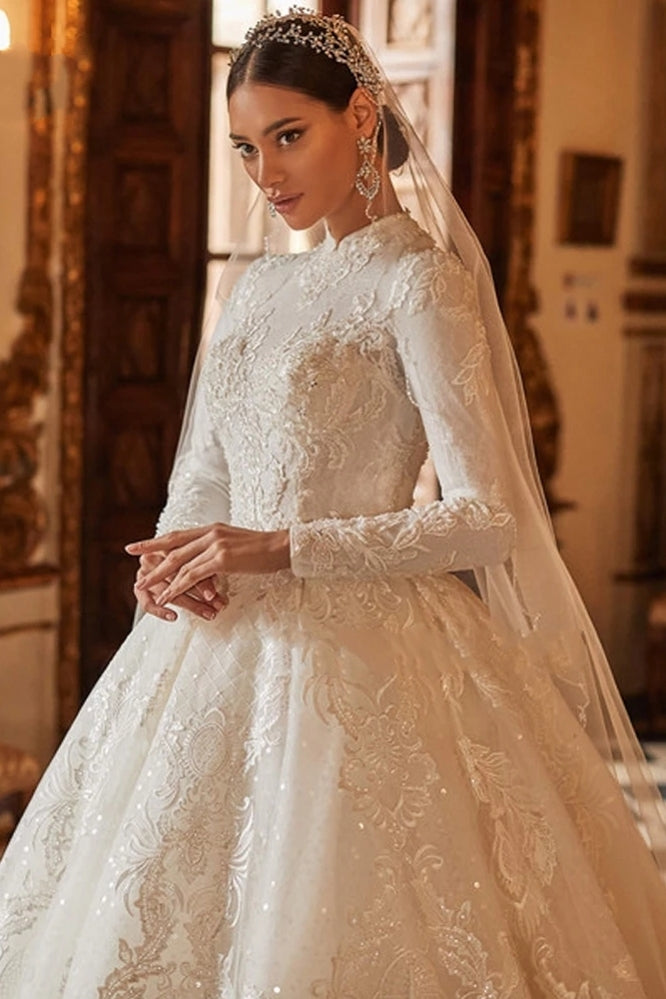 High Collar Beading Appliques Lace Full Sleeves Muslim Wedding Dresses TANYA BRIDAL High Collar Beading Appliques Lace Full Sleeves Muslim Wedding Dresses TANYA BRIDAL