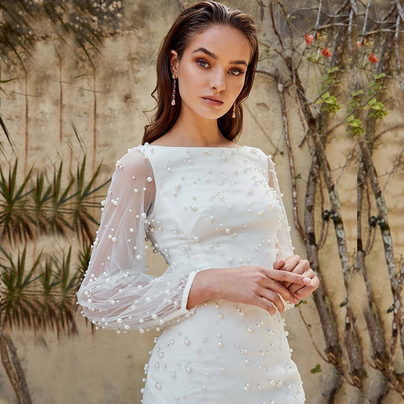 Mermaid Long Sleeves Wedding Dresses With Heavy Pearls