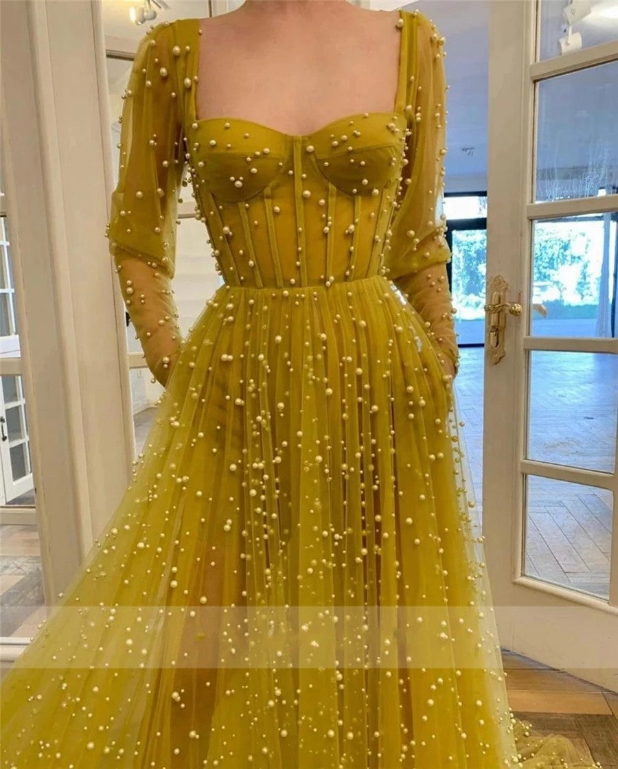 Sweetheart Neckline Hang Up Long Sleeves Yellow Prom Dress with Pocket TANYA BRIDAL Sweetheart Neckline Hang Up Long Sleeves Yellow Prom Dress with Pocket TANYA BRIDAL