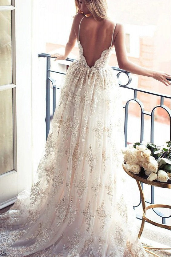 Backless Long A-Line Spaghetti Straps Lace Bridal Dress TANYA BRIDAL Backless Long A-Line Spaghetti Straps Lace Bridal Dress TANYA BRIDAL