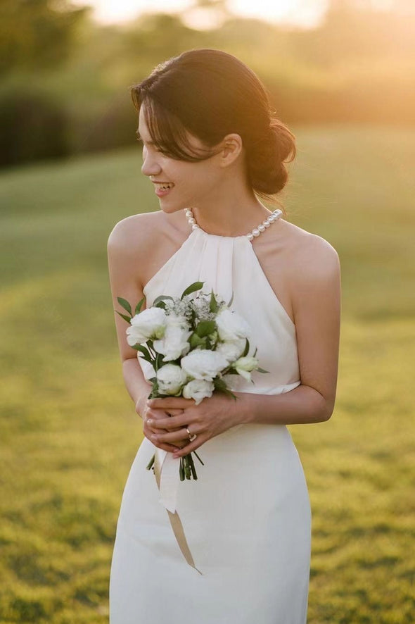 Pearl Neck Sheath Simple Long Wedding Dress Elegant TT460
