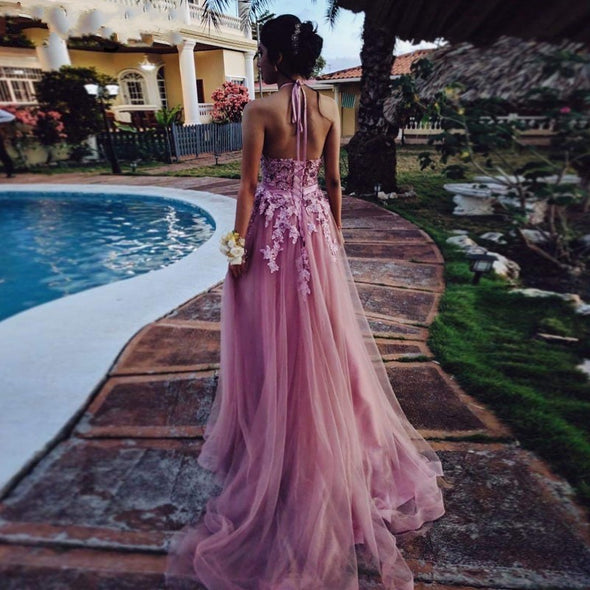 Blush Pink Prom Dresses Long Appliques Lace Halter Tulle vestido de festa longo Sexy Backless Formal Party Gown