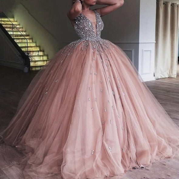 Champagne Tulle Ball Gown Quinceanera Prom Gowns With Crystal