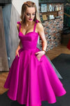 Fuchsia Homecoming Dresses With Pockets Satin A Line Knee Length Graduation Party Gown