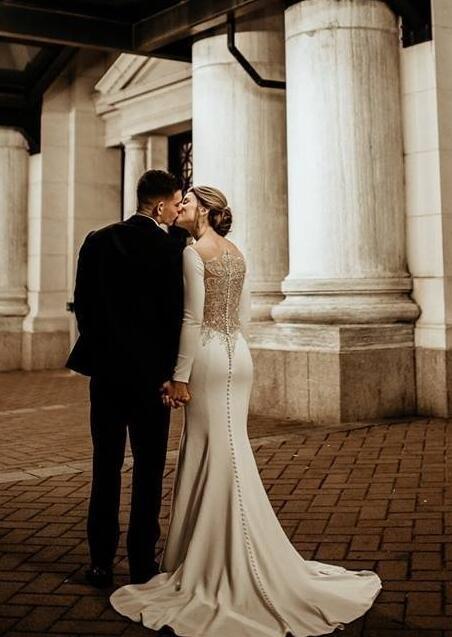 Mermaid Long Sleeves Beads Illusion Back Elegant Wedding Dress TANYA BRIDAL Mermaid Long Sleeves Beads Illusion Back Elegant Wedding Dress TANYA BRIDAL