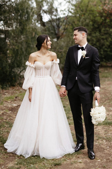Fun Dot Tulle Sweetheart Wedding Dresses With Detachable Sleeves ZW792