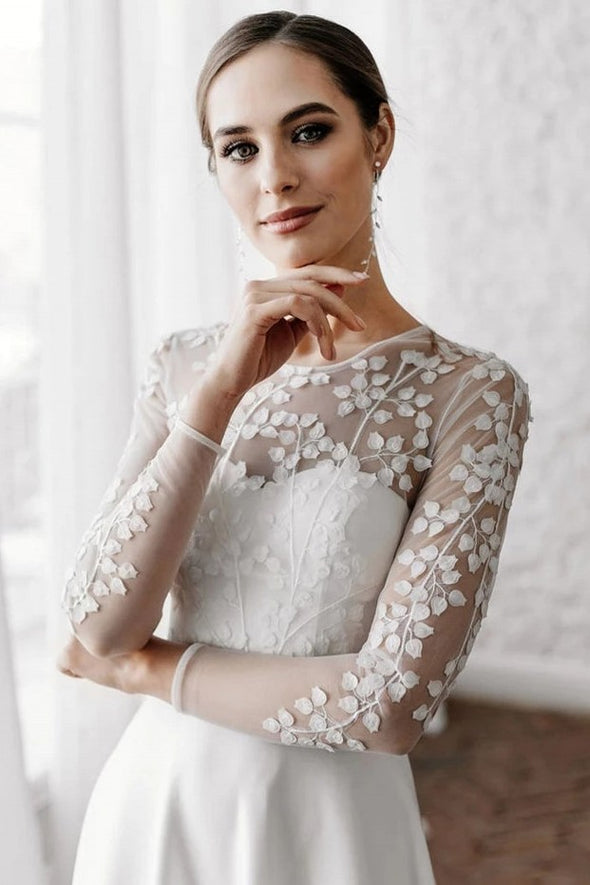 Long Sleeve A Line Wedding Dresses Leaf Lace Boho Bridal Gowns ZW729