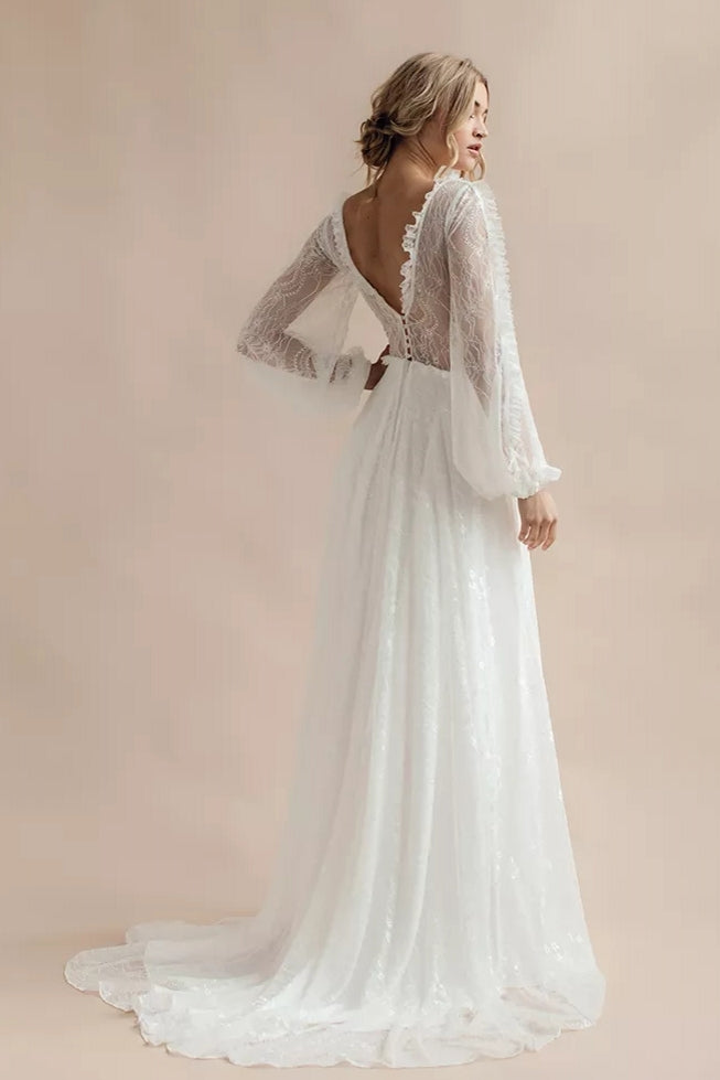 Lantern Sleeve A Line Wedding Dresses Deep V-Neck DW729 TANYA BRIDAL Lantern Sleeve A Line Wedding Dresses Deep V-Neck DW729 TANYA BRIDAL