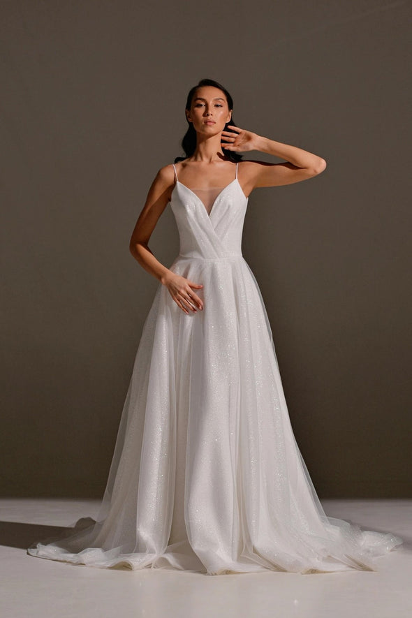 Glitter Sparkly Wedding Dresses V-Neck Spaghetti Boho Noivas Chic ZW856