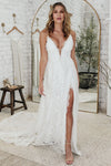 V Neck Floral Rose Lace Side Split Sexy Wedding Bridal Dress