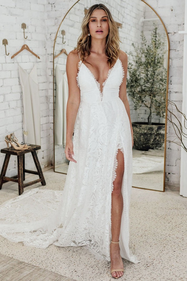 V Neck Floral Rose Lace Side Split Sexy Wedding Bridal Dress TANYA BRIDAL V Neck Floral Rose Lace Side Split Sexy Wedding Bridal Dress TANYA BRIDAL