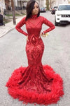 Red Mermaid African Prom Dress Feather Long Sleeve