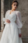Pearls Organza Satin Wedding Dresses Long Puff Sleeve A Line Bridal Gowns  ZW727