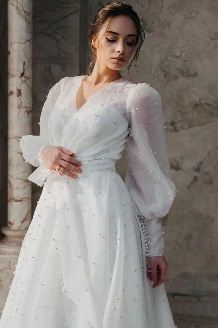Pearls Organza Satin Wedding Dresses Long Puff Sleeve A Line Bridal Go TANYA BRIDAL Pearls Organza Satin Wedding Dresses Long Puff Sleeve A Line Bridal Go TANYA BRIDAL