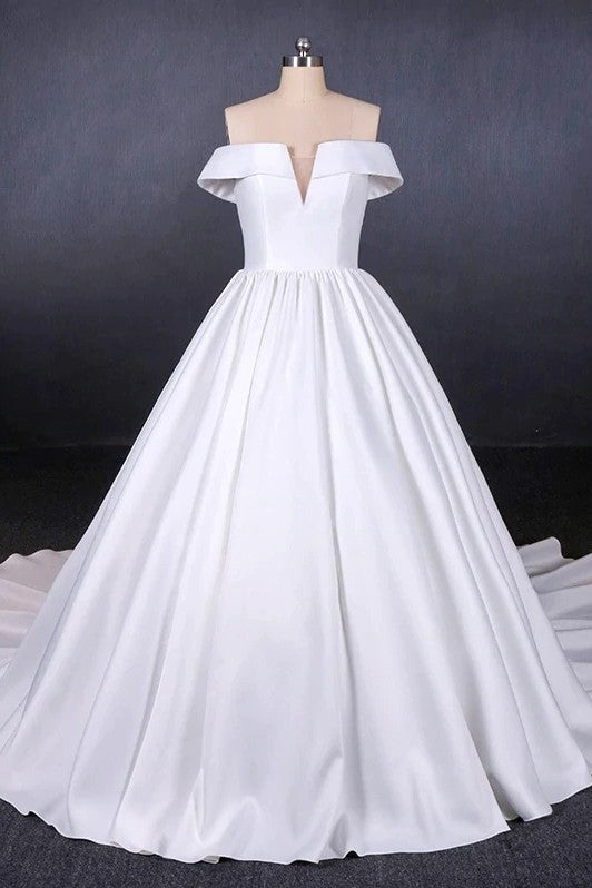 Off The Shoulder Simple A Line Satin White Wedding Dress
