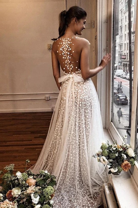 Lace Flowers A Line Tulle Wedding Dresses Nude Lining TANYA BRIDAL Lace Flowers A Line Tulle Wedding Dresses Nude Lining TANYA BRIDAL