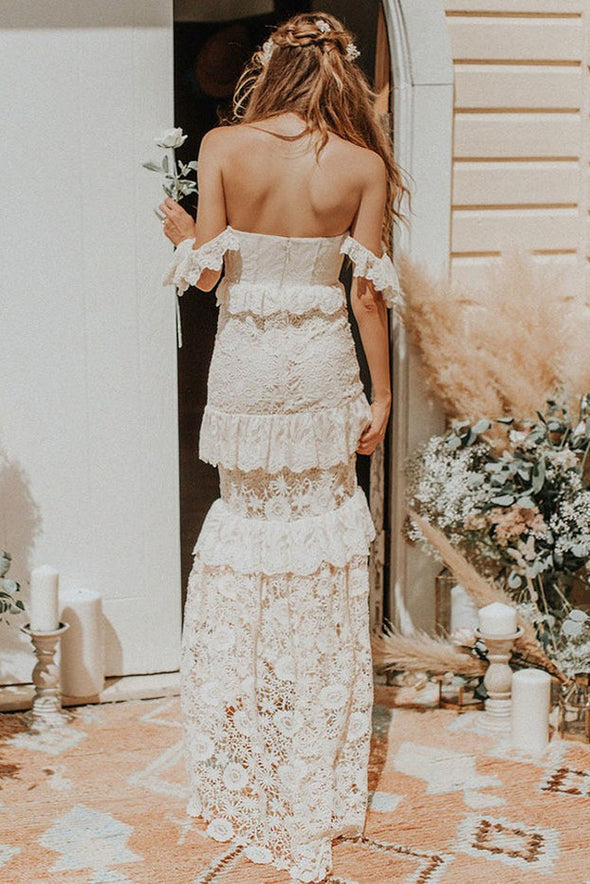 Bohemian Off The Shoulder Floor Length Floral Lace Chic Elegant Wedding Dresses