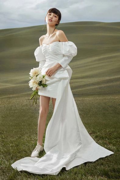 Short Mini Taffeta Wedding Dress Off The Shoulder With Detachable Long Tail Korea Noiva ZW735