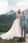 Elegant Lace Applique Scoop Neck Short Sleeves A Line Wedding Dress