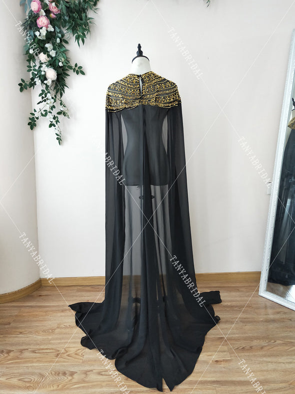 Black Luxury Beaded Wedding Cape Gold Beads Fashion Bridal Shawl Afrcan Event Evening Accessories Long Cape DJ131