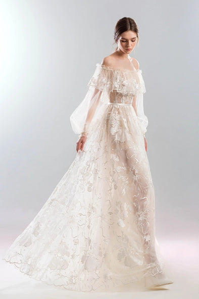 Floral Lace A Line Boho Wedding Dresses Long Sleeve Romantic Chic ZW743