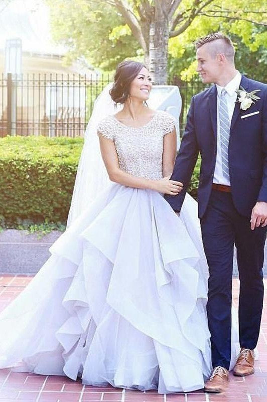 Tiered Organza Satin Ball Gown Lace Wedding Dress With Short Sleeves