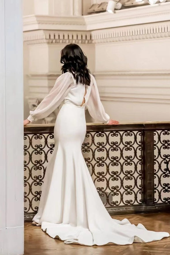 Simple Soft Satin Long Wedding Dresses V Neck Mermaid