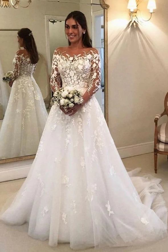 A Line Chic Lace Appliques Tulle Wedding Dress Long Sleeves Elegant