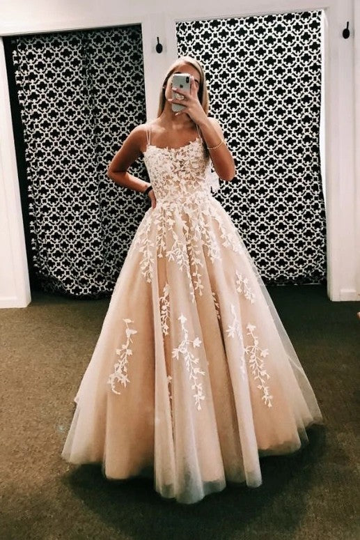 Appliques Champagne Long Evening Prom Dresses
