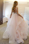 Illusion Bodice Long Sleeves Lace Orgganza Tiered Wedding Gown