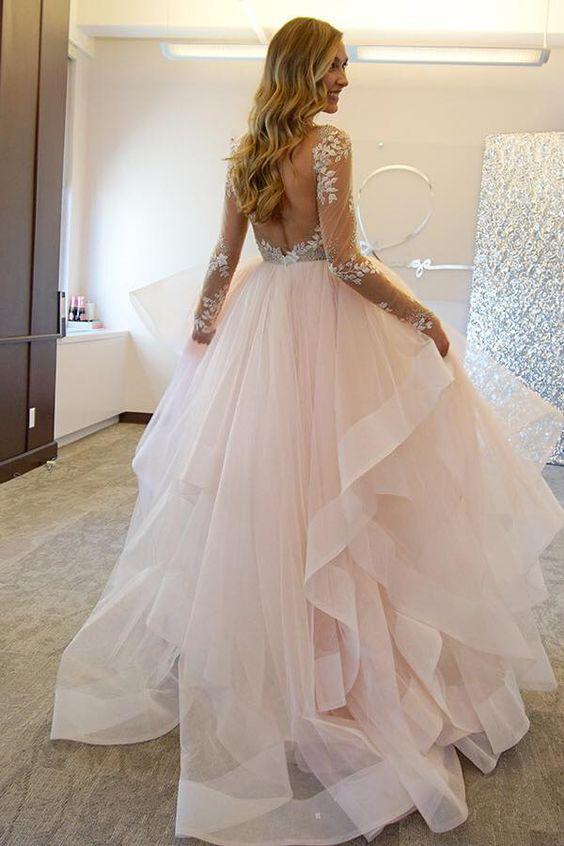 Illusion Bodice Long Sleeves Lace Orgganza Tiered Wedding Gown Illusion Bodice Long Sleeves Lace Orgganza Tiered Wedding Gown