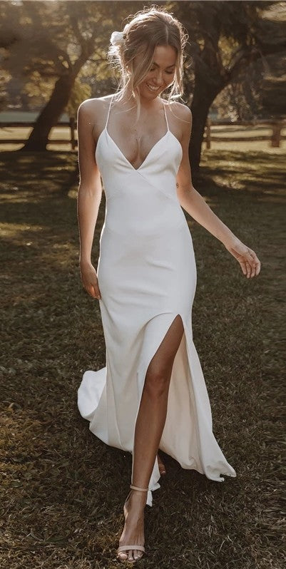 Beach Wedding Dresses Mermaid Boho Side Split Simple Satin Tanya Bridal