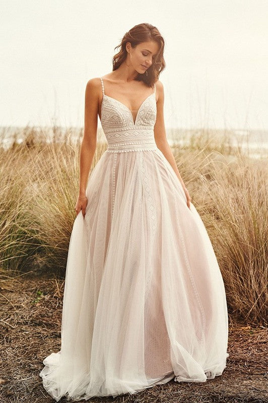 A Line V Neck Spaghetti Strap Tulle Lace Bohemian Wedding Dress SPF074 TANYA BRIDAL A Line V Neck Spaghetti Strap Tulle Lace Bohemian Wedding Dress SPF074 TANYA BRIDAL