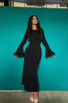 Formal Black Feather Evening Dress With Long Sleeves