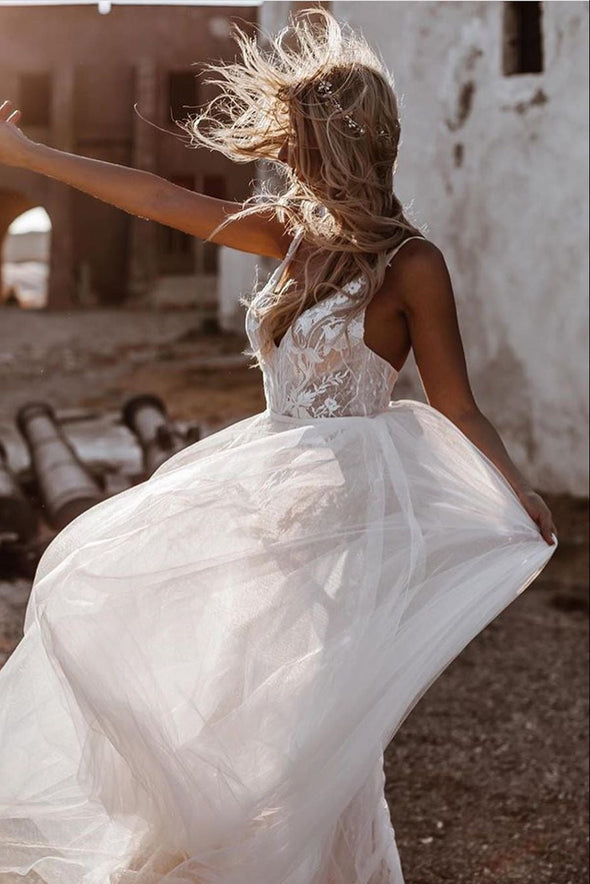 Bohemian A Line Wedding Dress Deep V Neck TANYA BRIDAL Bohemian A Line Wedding Dress Deep V Neck TANYA BRIDAL