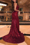 Sparkly Mermaid V-Neck Burgundy Prom Dress TB1348