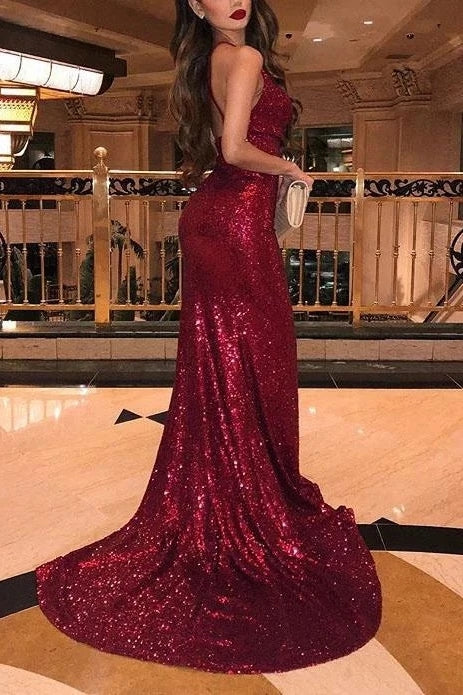 Sparkly Mermaid V-Neck Burgundy Prom Dress TB1348 – TANYA BRIDAL